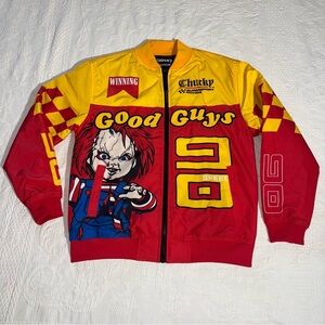 CHUCKY x REASON Good Guys Racing Varsity Bomber Jacket Men's M Red Yellow NWOT